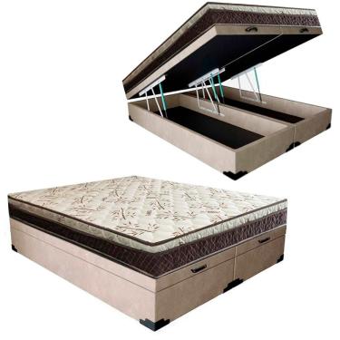 Imagem de Cama Box Baú Bipartido Casal Blindado Suede + Colchão Casal Espuma Extra Firme D33 Elegance Ortopédico 64x138x188