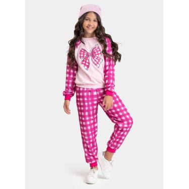 Imagem de Conjunto Inverno Menina Rosa Blusão Raglan e Calça em Moletom Laço Xad