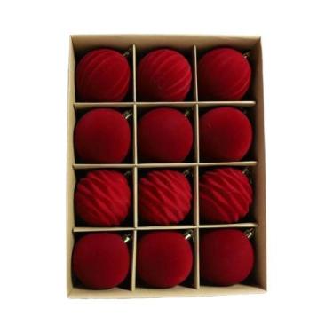 Imagem de Enfeites De Natal Em Veludo Vermelho, 12 Bolas Flocadas Com Fitas Dour