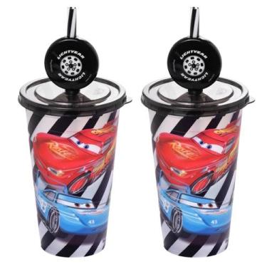 Imagem de 2 Copos Carros Relâmpago Mcqueen 500ml Estampado Tampa Canudo Decoraçã