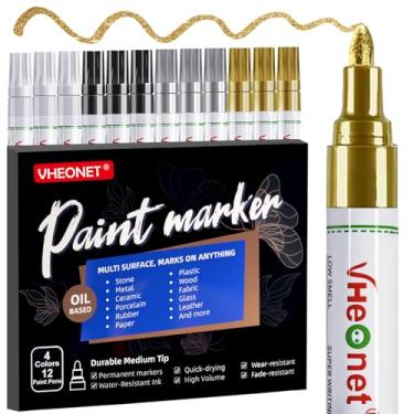 Imagem de VHEONET Marcadores de tinta, 4 cores à base de óleo, à prova d'água, secagem rápida, canetas permanentes para metal, madeira, tecido, plástico, tela, vidro, rocha, pneu, artesanato DIY (ouro metálico