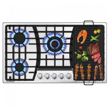 Imagem de Cooktop a gás 5 bocas Kadorer inox escovado embutir com chapa reversível conversível GN/GLP 110V
