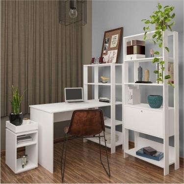 Imagem de Conjunto Home Office 3 Peças com Escrivaninha, Estante e 1 Mesa Lateral Match Artely Branco