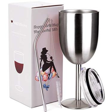 Imagem de Copos de vinho de aco inoxidavel. Copo de vinho com parede dupla isolada a vacuo com tampa e canudo. Amizade, Natal, presentes de aniversario para mulheres, homens, amigos, pai e mae (aco inoxidavel 283 g)