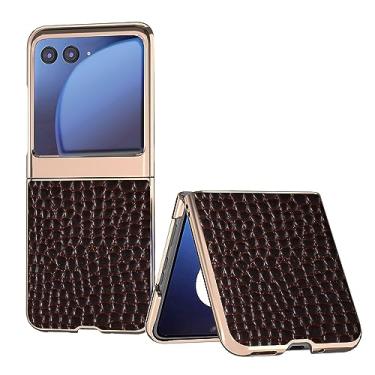 Imagem de HAZARA Capa fina para Motorola Razr 40 Ultra, capa de couro legítimo, capa de proteção de lente de chapeamento, marrom