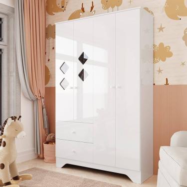 Imagem de Guarda Roupa Infantil 4 Portas com Janelas Losango e 2 Gavetas 100% MDF Cocada Branco Brilho