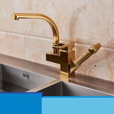 Imagem de Puxe para fora único punho buraco torneira kichen deck montado latão cromado navio pia misturadora bicos duplos, ouro sem led, 1