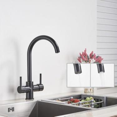 Imagem de Torneira de cozinha de água pura de latão preto e branco alça dupla água potável quente e fria filtro de 3 vias torneiras misturadoras de cozinha, preto, b, 1