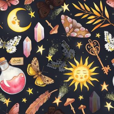 Imagem de BEETAL Papel de Parede Preto e Azul Marinho Floral Fantasia Mágico Sol Lua Cristal Borboleta Cogumelo Estrelas Descascável e Colável Fácil de Remover Papel de Contato Adesivo para Banheiro