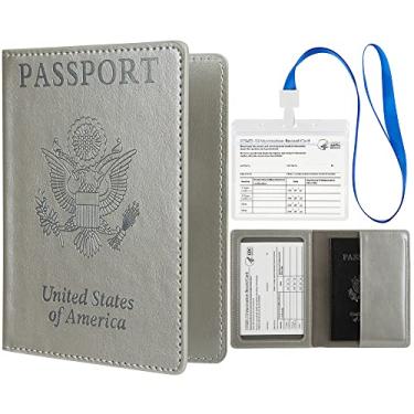 Imagem de Cynure Capa de couro para passaporte de viagem para homens e mulheres, cordão de 10 x 7,6 cm à prova d'água para cartão de vacina CDC combo, Cinza