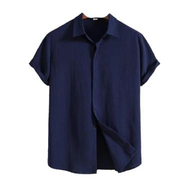 Imagem de Camisetas masculinas de linho de algodão de verão sólida casual lapela manga curta camisetas masculinas casuais, Azul marinho, P