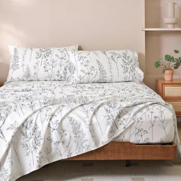Imagem de JANZAA Jogo de lençol King floral - jogo de cama branco - estampa de microfibra com bolso profundo - lençol floral premium ajustável - conjuntos macios de luxo com alta contagem de fios