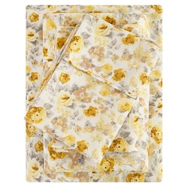 Imagem de Viviland Jogo de lençol King floral, 4 peças, cinza e amarelo, microfibra escovada, macia, respirável, lençol de cima e fronhas sem vincos com bolso profundo de 38 cm para tamanho king size