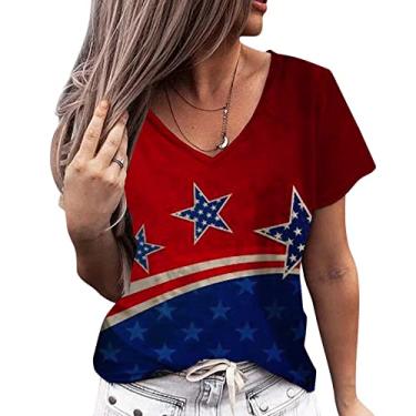 Imagem de Camisetas patrióticas femininas 4 de julho bandeira americana listras estrelas blusas verão Memorial Day camiseta manga curta, Vermelho, P