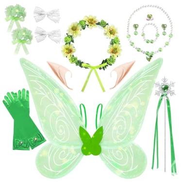 Imagem de DTESL 16PCS Tinker-bell Fairy Wings Dress Up Set,Green Fairy Wings Flower Fairy Princess Halloween Birthday Costume for Girls Women