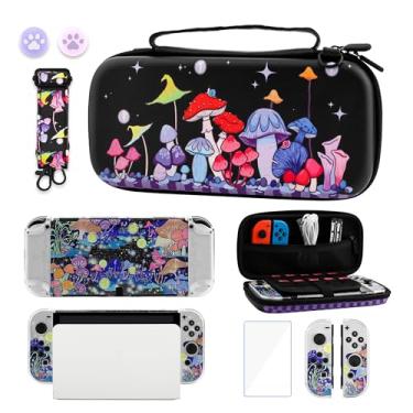 Imagem de GLDRAM Colorful Mushroom Carrying Case for Nintendo Switch OLED Durable Travel Storage Bag with Glittery Switch OLED Protective Cover & HD Screen Protector & Shoulder Strap & Thumb Caps for Boys Girls