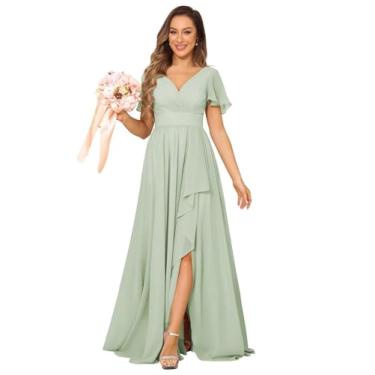 Imagem de Vestidos femininos de chiffon com gola V, plissados, franzidos, vestidos de noite formais com fenda 2024 DE164, Sálvia, 9