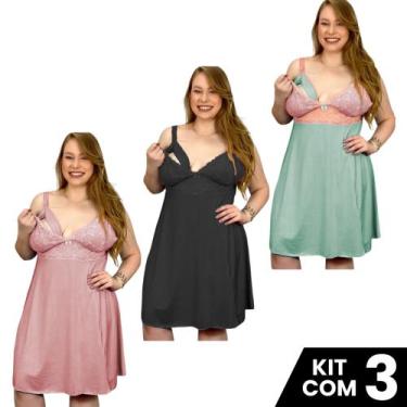 Imagem de Kit 3 Camisolas Amamentação Plus Size Pós Parto Maternidade Tamanho Gr