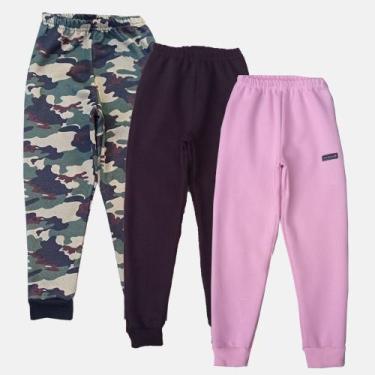 Imagem de Kit 3 Calças jogger  Moletom Flanelado  Infantil unisex Camuflada e Ro