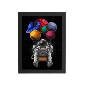 Imagem de Astronauta Balanço Planetas Quadro Moldura Preta 60X40Cm - Plimshop