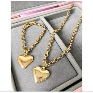 Imagem de Kit Conjunto Colar Corrente e Pulseira Elos Português Pingente Coração
