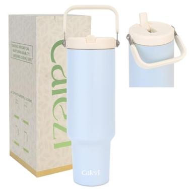 Imagem de Cafezi Copo de 1,5 l com alça, garrafas de água de aço inoxidável com canudo dobrável e alça superior, à prova de vazamento, cabe no suporte de copo, sem suor, frio por 30 horas, adequado para casa,