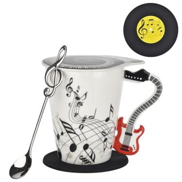 Imagem de BUYNEED Caneca de guitarra de 365 g, design de notas musicais, xícara de café de guitarra com tampa temática legal e colher e porta-copos para guitarristas, presentes para músicos, amantes de música,