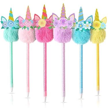 Imagem de Cholemy 24 canetas de unicórnio fofas para lembrancinhas de festa de unicórnio, pompom, arco-íris, canetas esferográficas coloridas de pelúcia, artigos de papelaria, multicoloridos, animais fofos