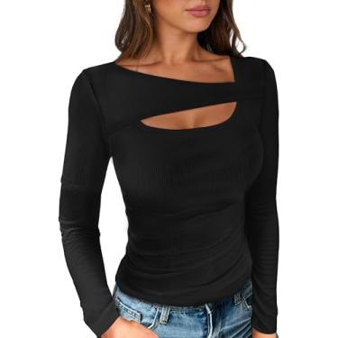 Imagem de ioiohahaun Camisetas femininas recortadas modernas e sexy de manga comprida com nervuras slim fit 2024 outono moda para sair, Preto, G