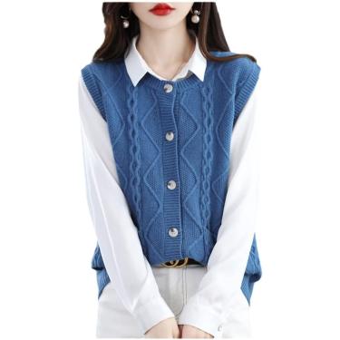 Imagem de Suéter feminino de caxemira sem mangas, cardigã de malha, gola redonda, colete de lã, azul neblina, S