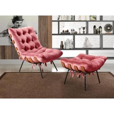 Imagem de Kit Poltrona Costela De Adão Kit E Pufe Base Fixa Em Aço E Madeira -Da