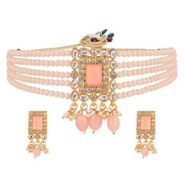 Imagem de Efulgenz Conjunto de colar indiano gargantilha de pérolas falsas com pérolas sintéticas colar de cristal multicamadas maangtikka e brincos pendentes conjunto de joias para mulheres Bollywood tradicional moda bijuteria, Cobre, não conhecido