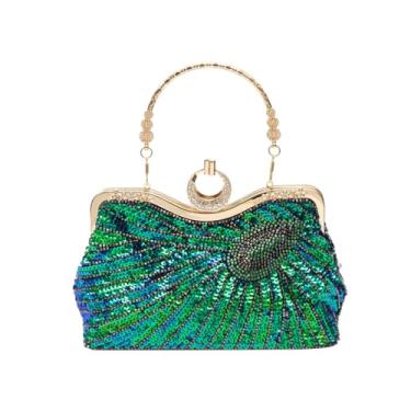 Imagem de CORIOS Bolsa feminina de pavão para noite, vintage, com contas, bolsa de mão de noiva, para casamento, com lantejoulas brilhantes, bolsa de ombro, Dourado, Large