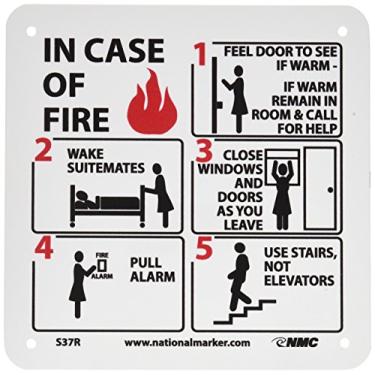 Imagem de NMC S37R Hotel Motel Fire Emergency Instructions Graphic See Sign, Legend "IN CASE OF FIRE", 18 cm de altura, x 18 cm de comprimento, plástico rígido, preto/vermelho em branco