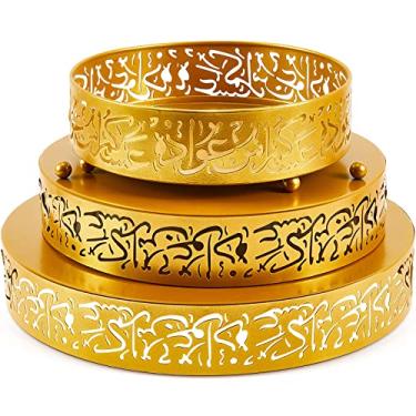Imagem de 3 peças de prato de ferro para ramadã Eid Bandeja de servir Eid Ramadã Prato de doces redondo dourado 3 tamanhos lanches muçulmanos suporte de sobremesa para festas de Ramadã Mubarak Eid Decoração de casa