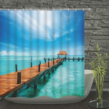 Imagem de Cortinas de chuveiro à prova d'água estampadas com conchas do mar e ondas do mar, cortina de banho, tela de banho de poliéster com 12 ganchos, JWW217, 180 * 210 cm