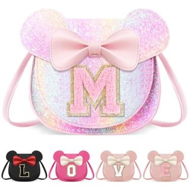 Imagem de izuzta Bolsa infantil para crianças 1 2 3 4 5 6 7 8 anos de idade bonito mouse orelha laço bolsa transversal presente de aniversário, Bolsa grande/brilhante/letra rosa, Medium, M