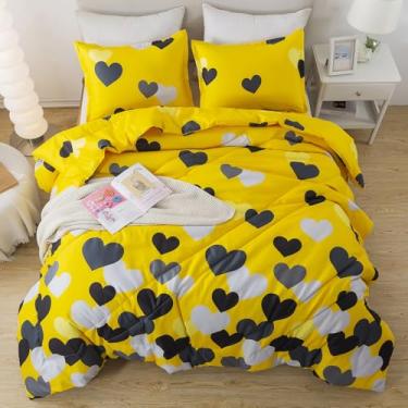Imagem de Caressma Jogo de cama casal de 3 peças, casa de fazenda, amarelo, com coração preto, macio e leve (1 edredom e 2 fronhas)