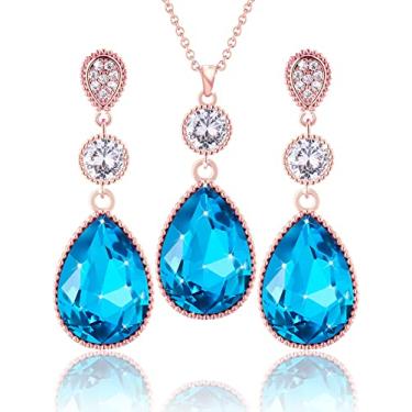 Imagem de Qinpan 18 * 13 mm pingente de cristal gota gota pingente pingente colar e brincos conjunto de joias para mulheres fantasia banhado a ouro, 38*14.5mm, Ouro rosa, Cristal