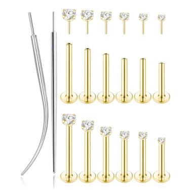 Imagem de Tornito 6 pares de brincos de nariz banhados a ouro 18K para mulheres e homens 316L de aço inoxidável 316L sem rosca CZ Flat Back Stud Brincos de cartilagem narina labret 6/7/8/10/12 mm 16G 18G 20G,