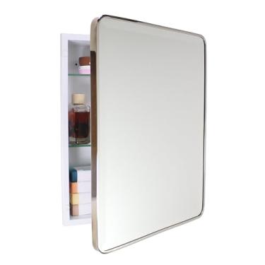 Imagem de Gabinete de remédios de banheiro retangular arredondado com moldura de metal Austin Farmhouse, espelho chanfrado, abertura de parede de 35,56 x 45,72 cm, aço revestido a pó, prateleiras de vidro