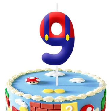 Imagem de Velas com número de aniversário de 9 anos e vermelhas, decorações de topo de bolo número 9 para festas temáticas de jogos de desenho animado, velas de bolo de aniversário para meninos e meninas,