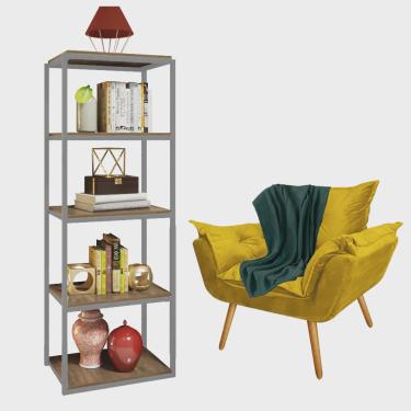 Imagem de Kit Poltrona Fatte com Manta Soft Verde e Estante Livreiro Ferro Prata mdf Rústico Suede Amarelo - Ahz Móveis