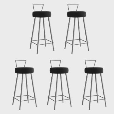 Imagem de Kit 05 Banqueta Alta Com Encosto Tais Eiffel Cozinha Bar Bistrô Ferro Cinza Suede Preto - Ahz Móveis