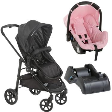 Imagem de Carrinho Olympus Preto Com Bebê Conforto Grid Rosa e Base