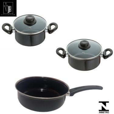 Imagem de Conjunto Panelas Preta Indução Cooktop Elétrico á Gás 3 Pçs