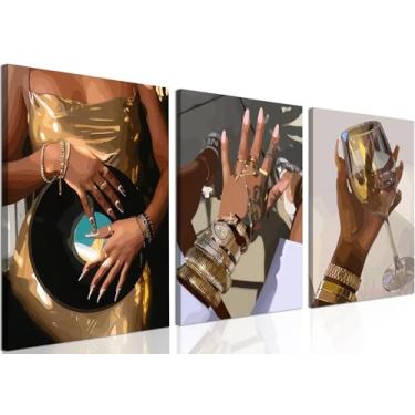 Imagem de Conjunto de 3 arte de parede de menina negra, Glod Africana Americana, decoração de parede, pintura, pessoas negras, pôster, impressões, fotos, estética para sala de estar, quarto, dormitório