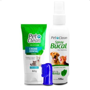Imagem de Kit Creme Dental Menta + Spray Bucal Menta + Dedal Borracha Para Cães e Gatos - Pet Clean