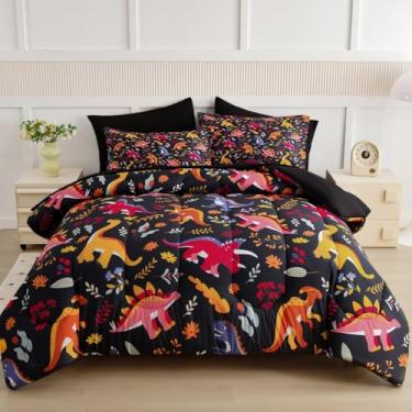 Imagem de ALAOOKKA Jogo de cama de solteiro infantil, 4 peças, estampa de dinossauro, preto, conjunto de cama de microfibra macia com jogo de lençol para todas as estações (preto, 172 x 223 cm)