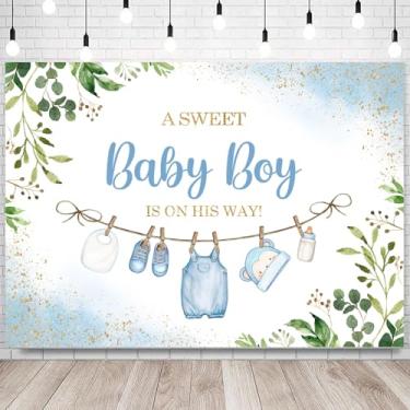 Imagem de Withu Pano de fundo azul para chá de bebê, roupas fofas, folhas verdes, It's a Boy is On His Way Welcome Sweet Baby Boy Recém-nascido, decorações de festa, banner, adereços de foto 1,8 x 1,2 m